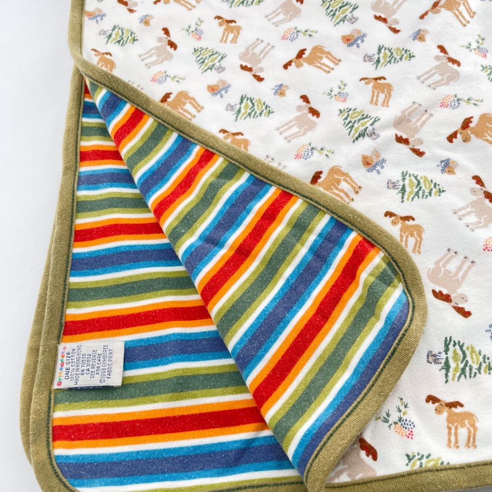 Gymboree Reversible Baby Blanket Moose Trees Green Trim Primary Stripes Nature